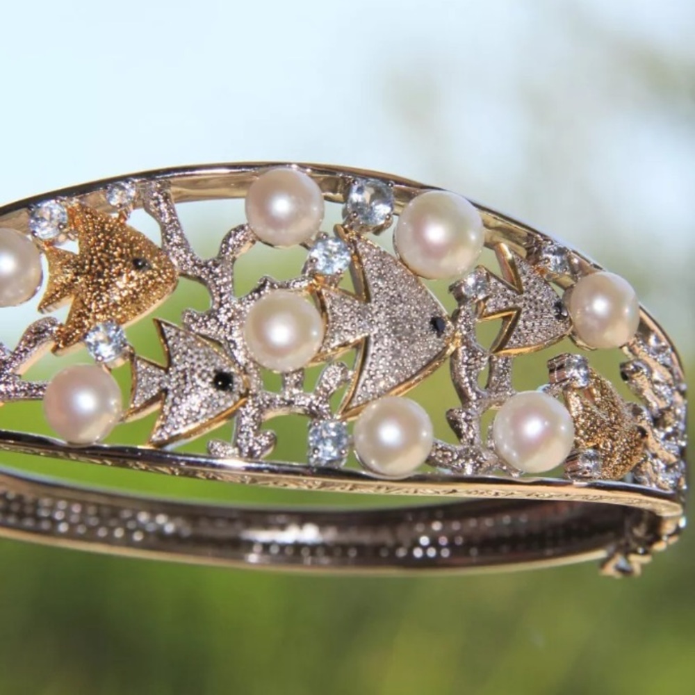 925 Sterling Silver Sea Life Pearl and aquamarines Hinged Bangle 30.7g - Picture 10 of 10